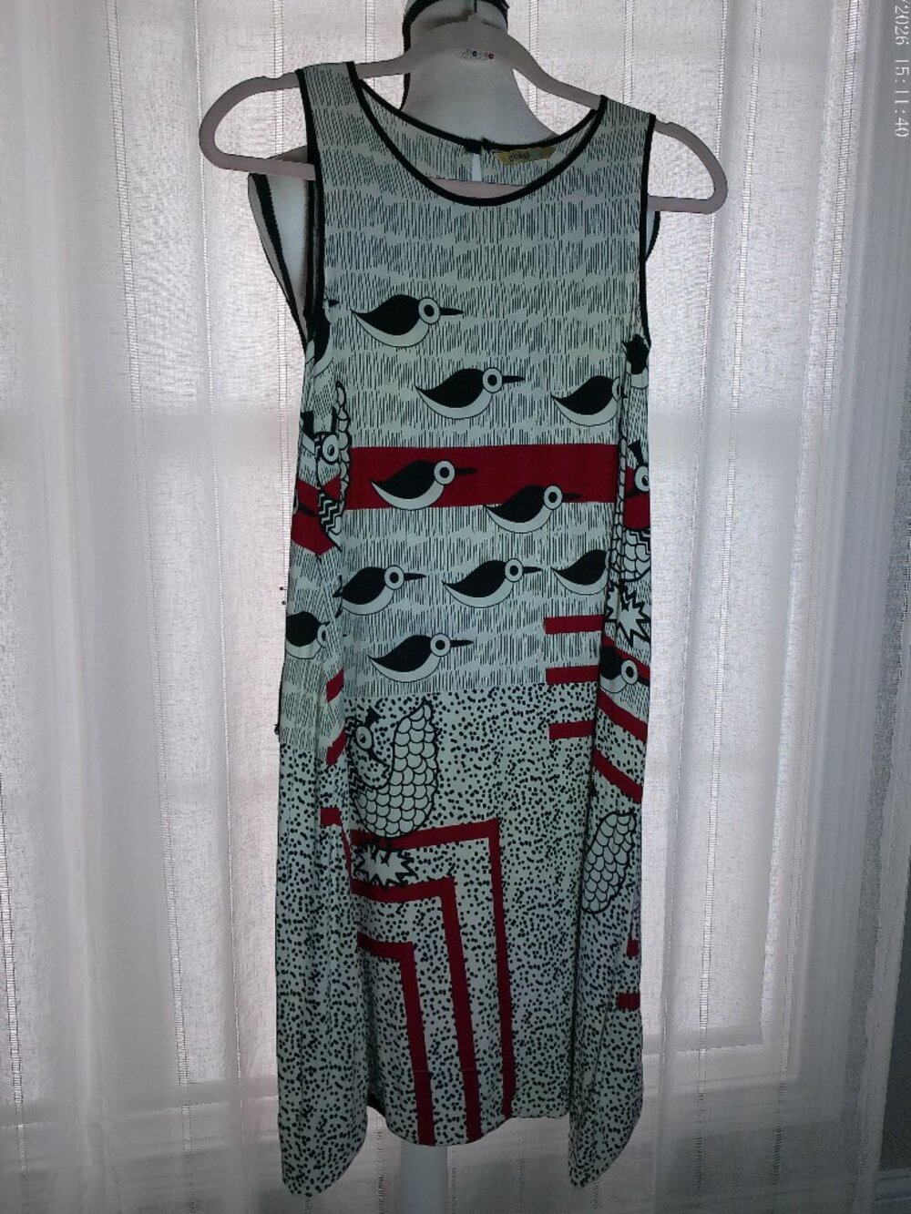 GLOBAL DESI Slveless Scoop Neck Cream w/Black Bird Design 100% Liva Dress XS